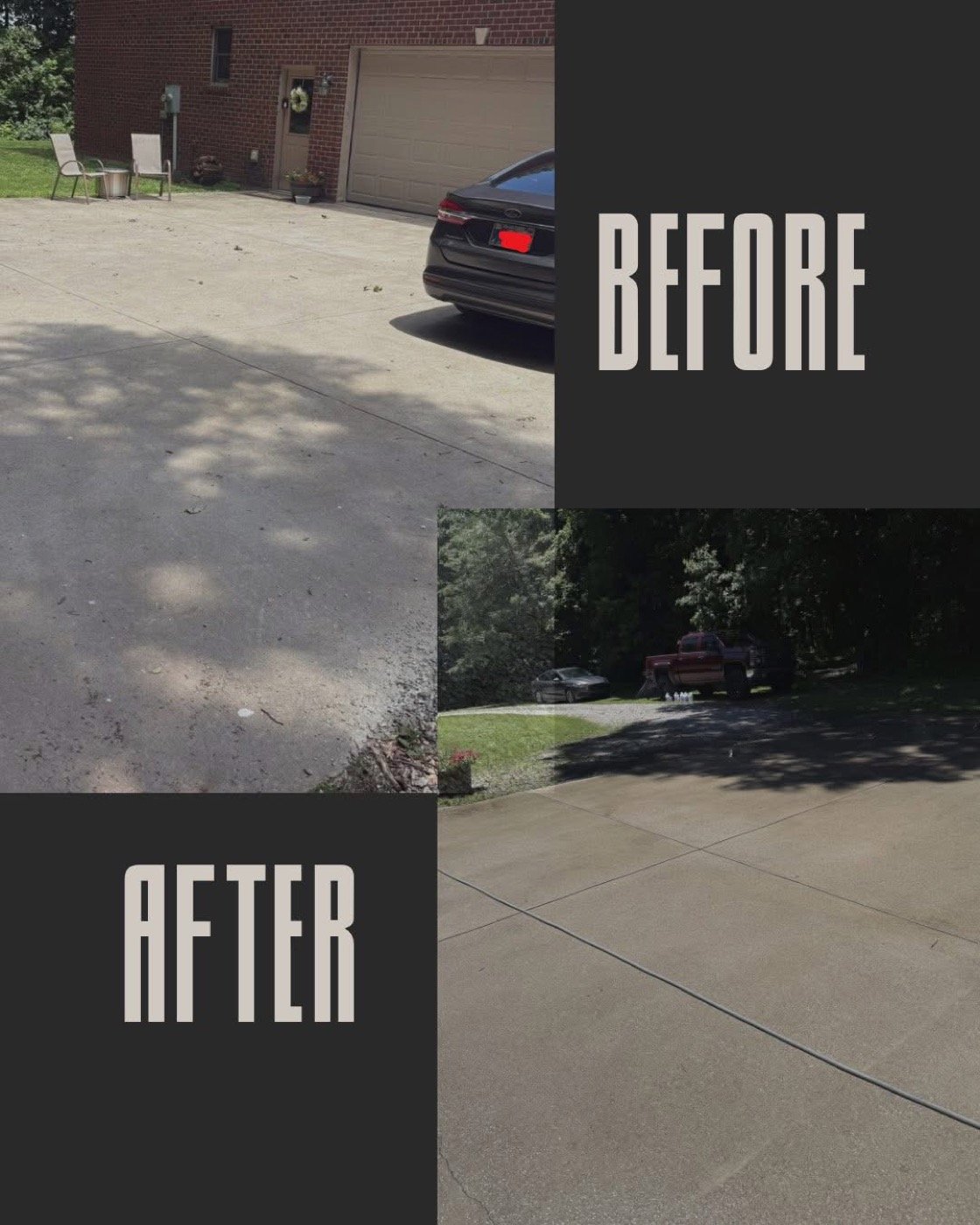 Concrete driveway before and after pressure washing, showing dark grime removed to reveal clean light concrete