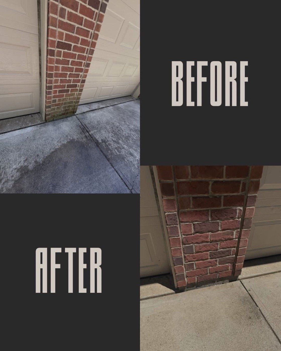 Brick garage pillar before and after pressure washing, mildew and grime removed